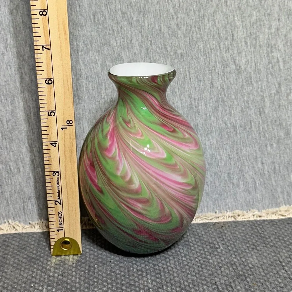 Burton Hand Blown Art Glass Bud Vase Pink Green White Swirl Marbled 6 Inch